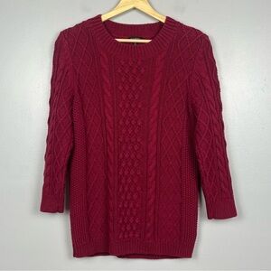 Talbots burgundy cotton nylon wool poly cable knit 3/4 sleeve sweater, medium.
